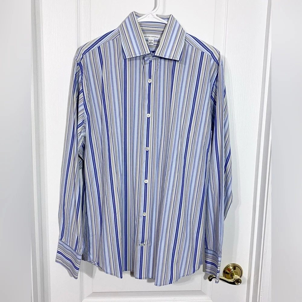 Y2K Banana Republic Striped Dress Shirt Hong Kong Made Vintage Blue Men’s Large